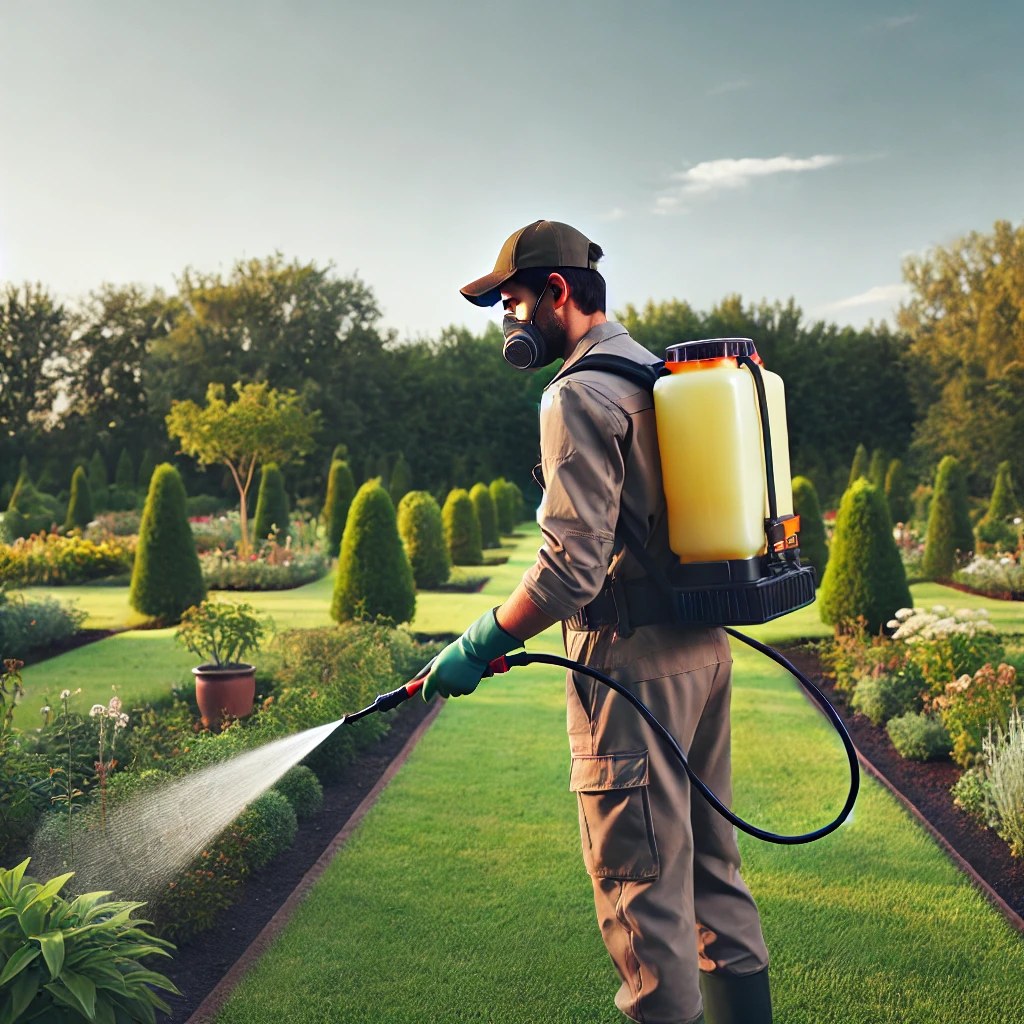 Aplicação de defensivo com pulverizador costal em jardim, com equipamento de proteção