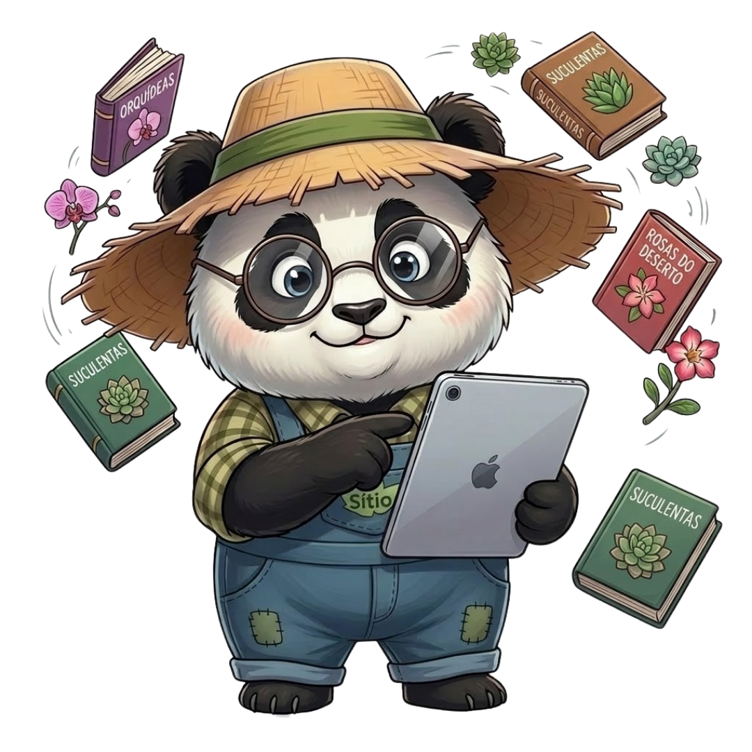 Panda da Roça com um tablet, cercado de livros sobre plantas