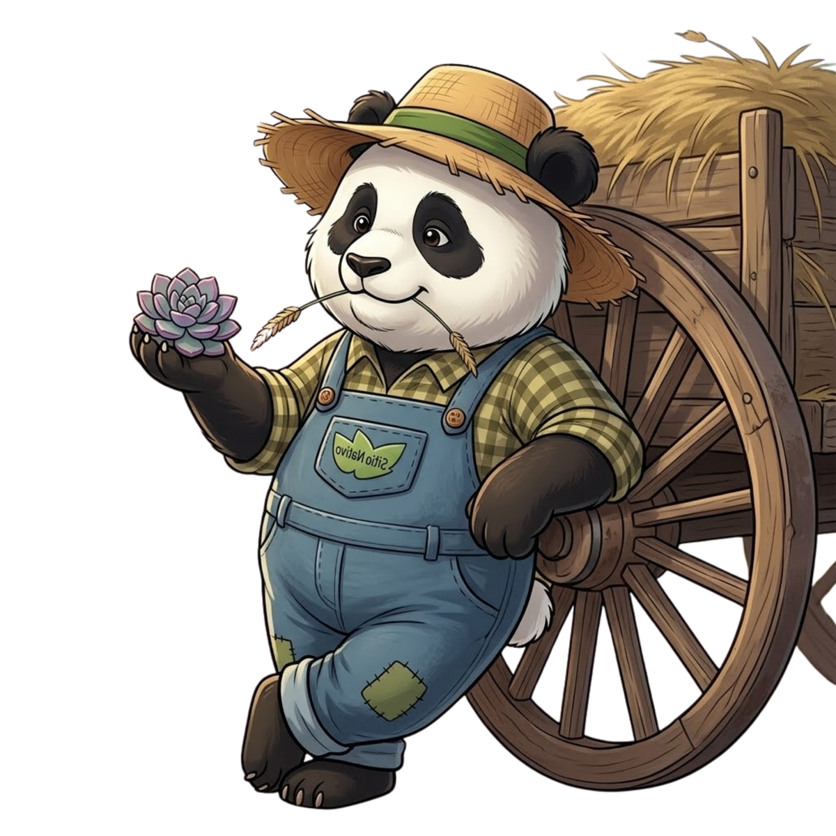 Panda da Roca segurando uma suculenta ao lado de uma carroca
