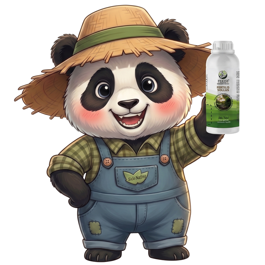 Panda da Roça segurando o frasco do fertilizante Fertilis Sollus