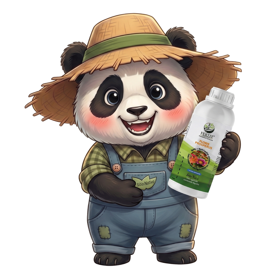 Panda da Roça segurando o frasco do fertilizante Floris Prosperus