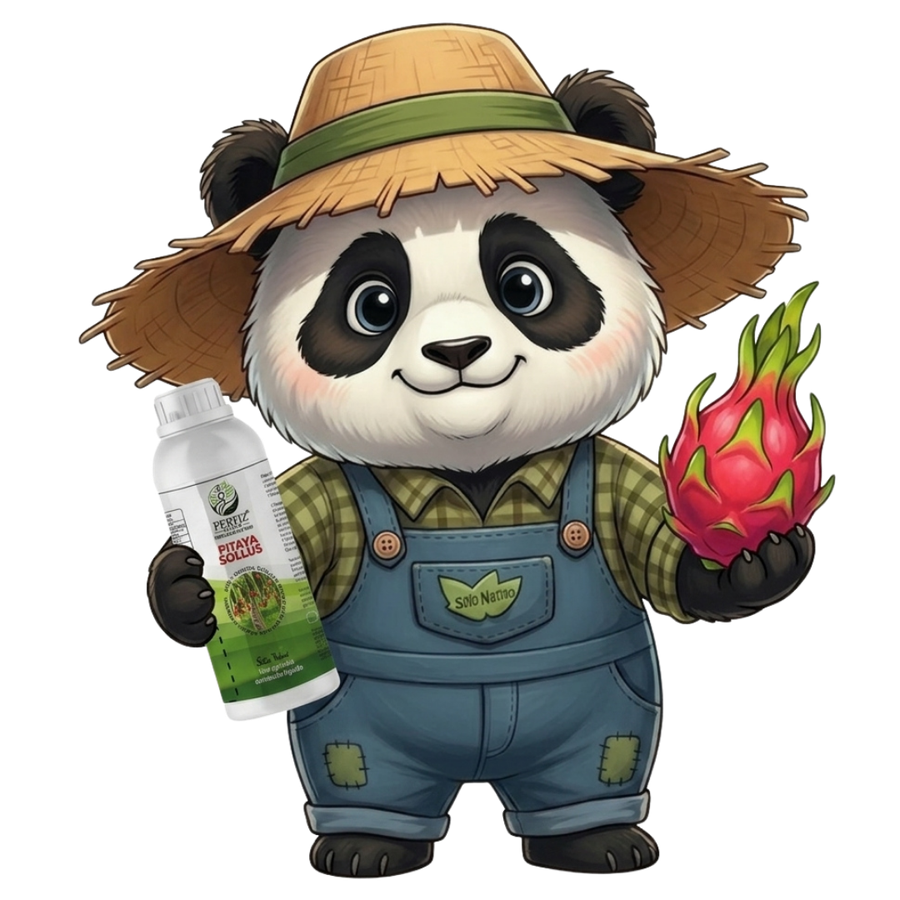 Panda da Roça segurando o frasco do Pitaya Sollus e uma pitaya madura